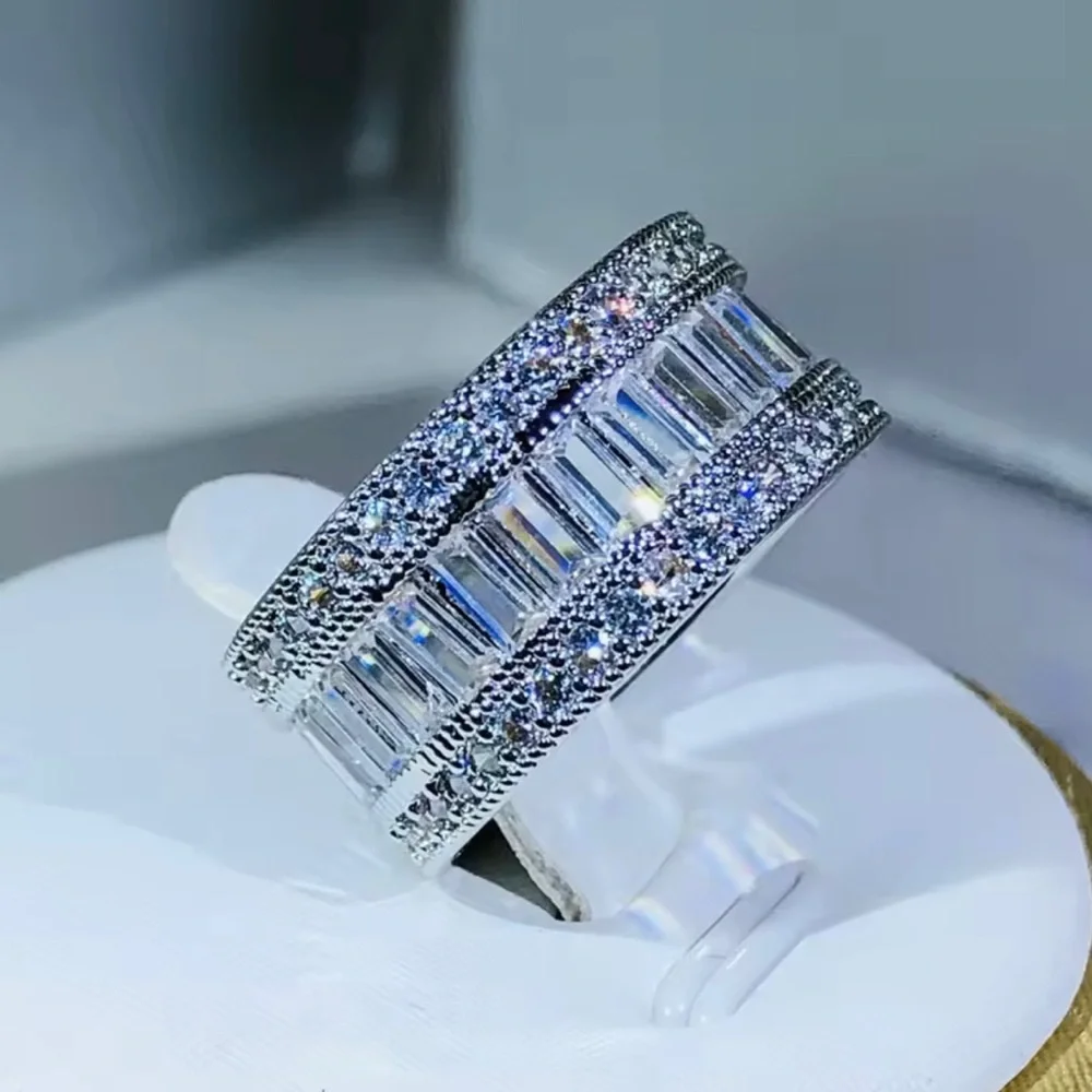 Sterling Silver Multi-Row CZ Baguette and Pavé Band Ring
